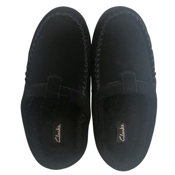 Clarks black clog slippers men's suede braid edge. Fuzzy lined. Men's sz 10 - Picture 1 of 8